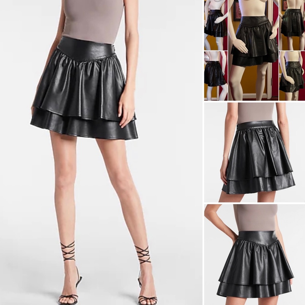 Express High Waisted Faux Leather Ruffle Mini Skirt - Picture 2 of 11